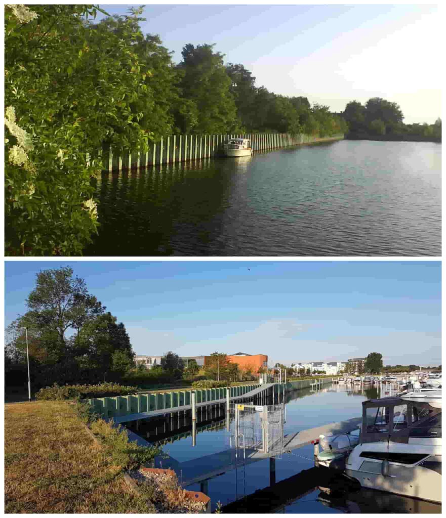 Stichkanal Werder im Wandel: Naturidyll (2011), Hafenpromenade mit Yachthafen und Therme (2022). Fotos/Montage: Bernd Reiher, werderanderhavel.de